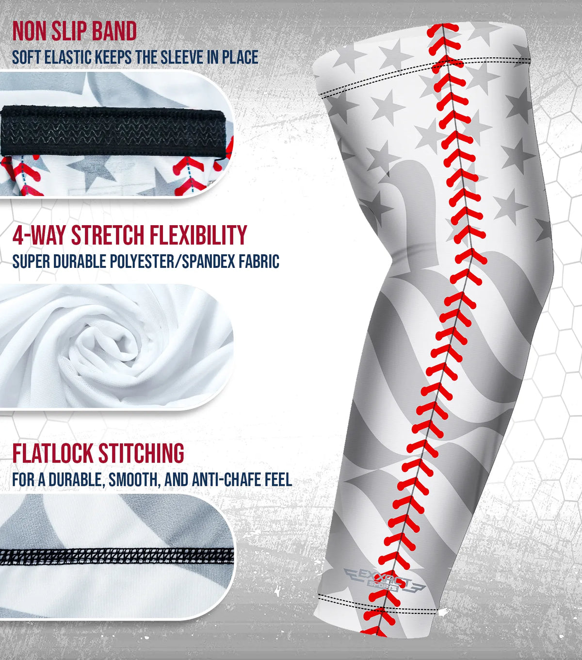 Exxact Sports Compression Arm Sleeves for Mens & Womens Youth Adult 1 Pair - White Baseball Flag