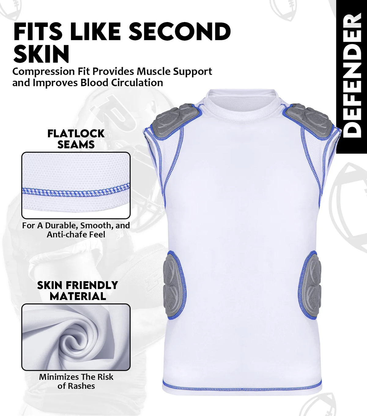Exxact Sports Defender 5 Pads Boys Football Compression Shirt Youth - White