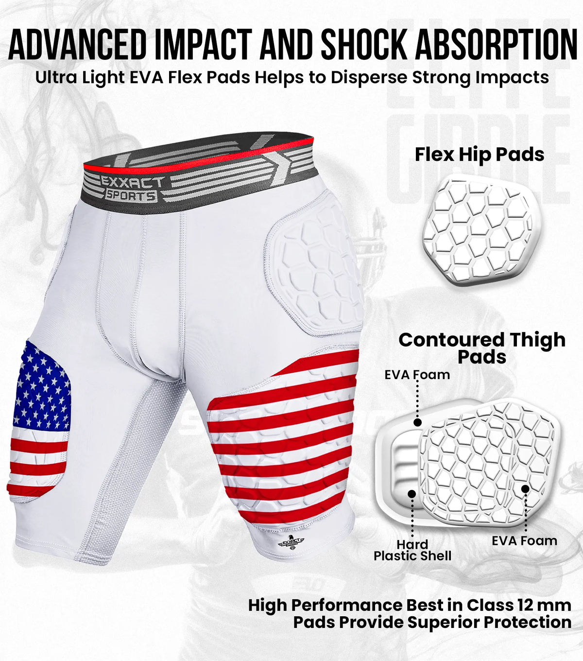 Exxact Sports Elite 5-pad Men Football Girdle with Cup Pocket Patriot Adult- Usa Flag