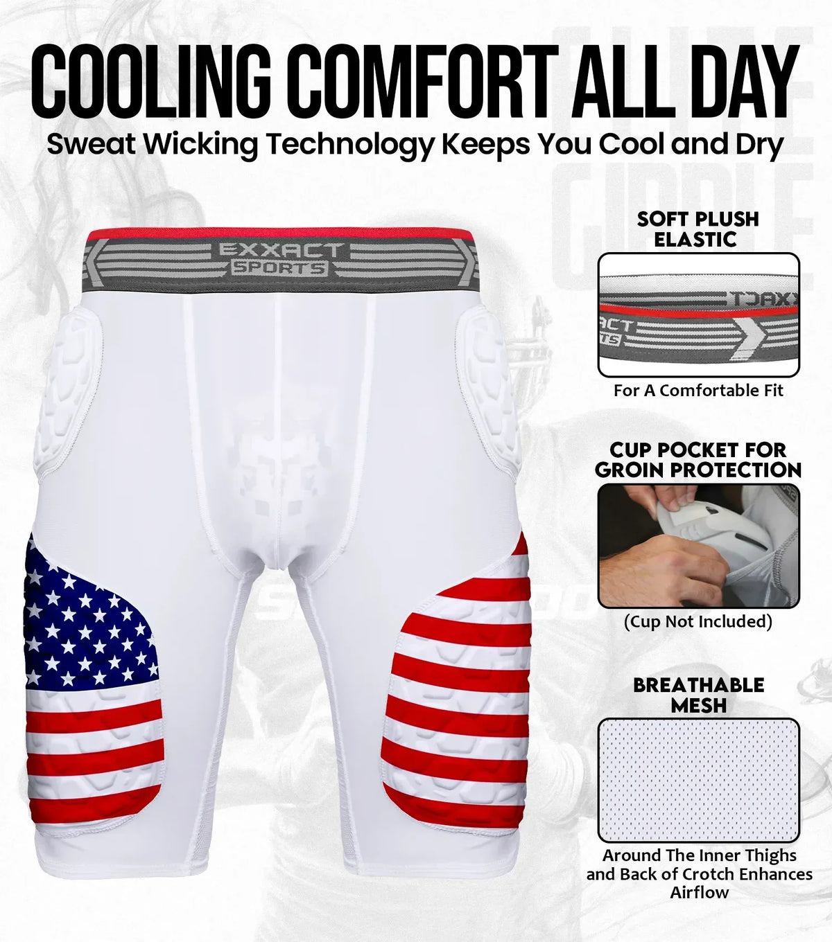Exxact Sports Elite 5-pad Men Football Girdle with Cup Pocket Patriot Adult- Usa Flag