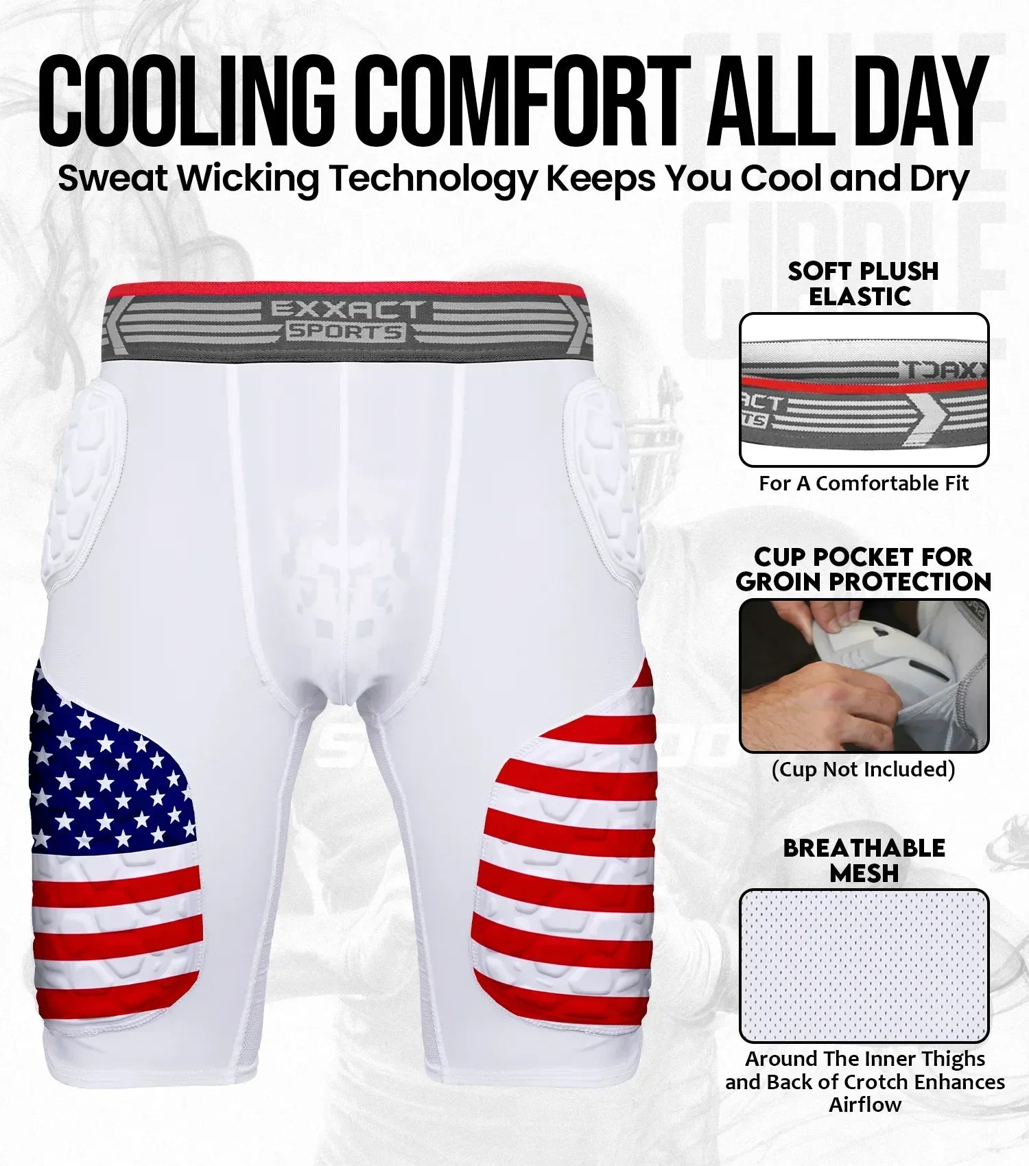 Exxact Sports Elite 5-pad Men Football Girdle with Cup Pocket Patriot Adult- Usa Flag