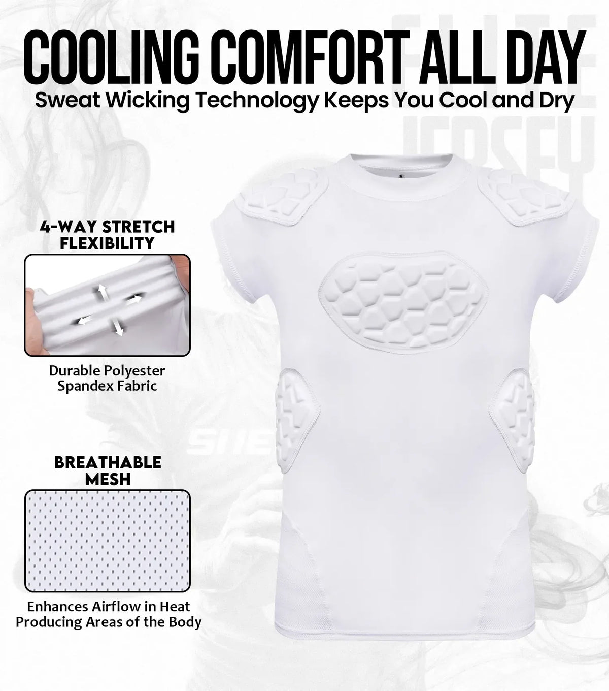 Exxact Sports Elite 6-pad Men’s Padded Football Shirt with Chest Shoulder Ribs & Spine Protection Adult - White