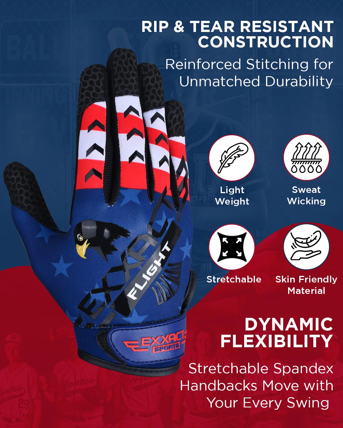 Exxact Sports Flight Baseball Batting Gloves for Youth & Adult - Patriot