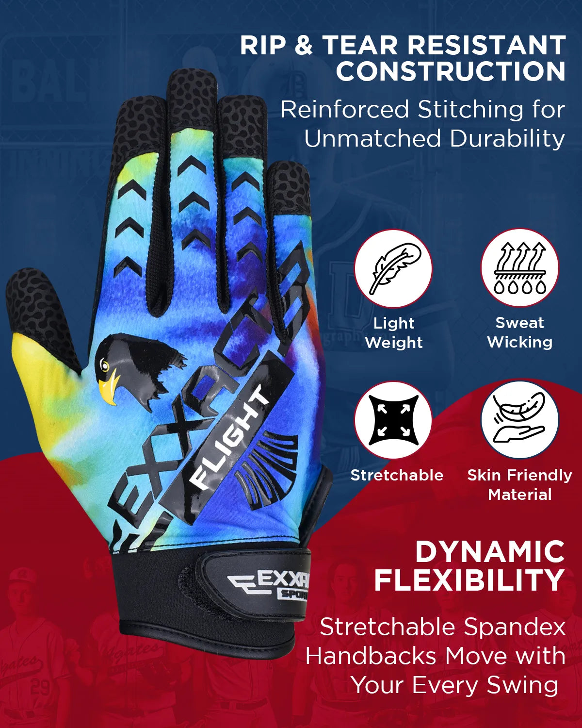 Exxact Sports Flight Baseball Batting Gloves for Youth & Adult - Rainbow