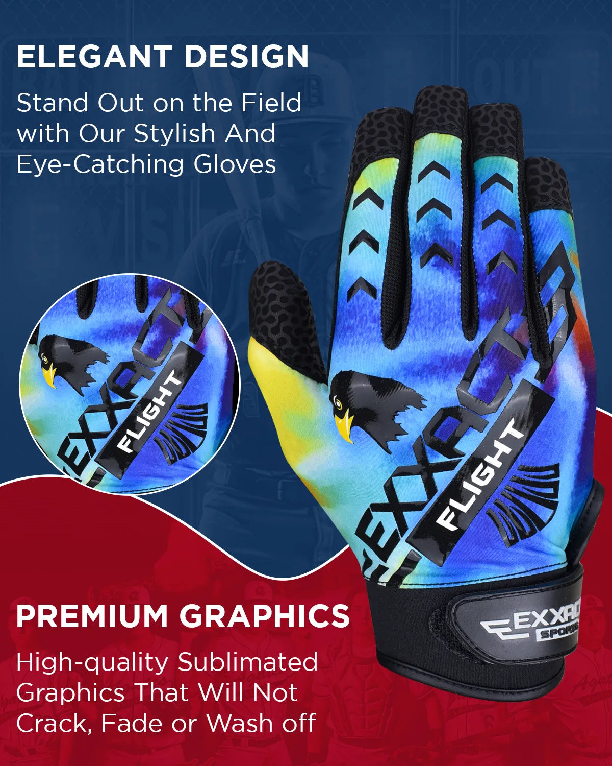 Exxact Sports Flight Baseball Batting Gloves for Youth & Adult - Rainbow