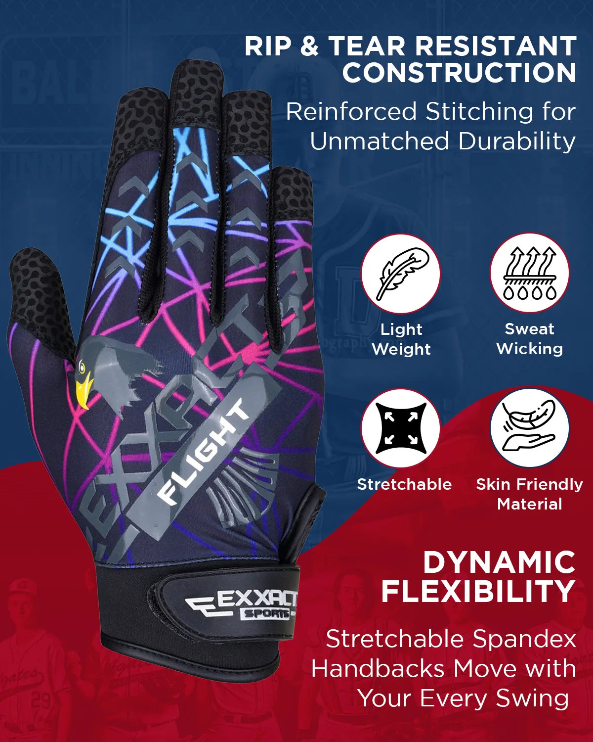 Exxact Sports Flight Baseball Batting Gloves for Youth & Adult - Lazer