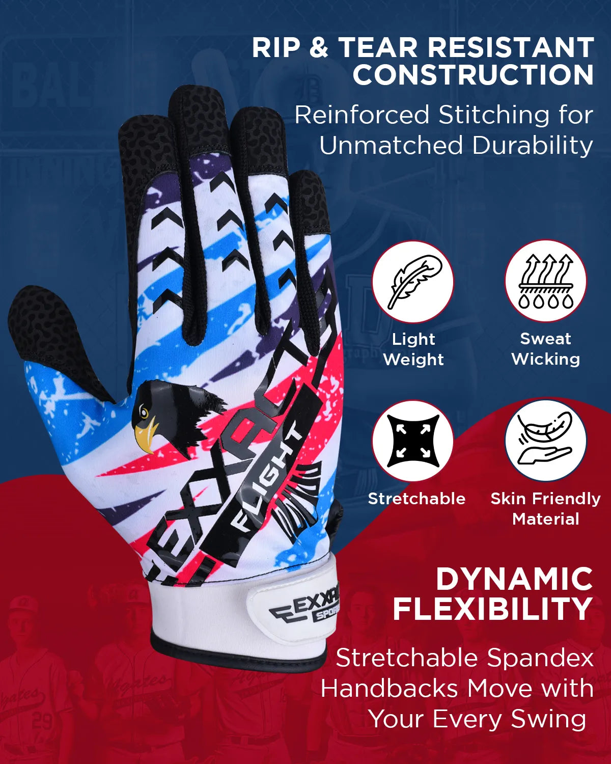 Exxact Sports Flight Baseball Batting Gloves for Youth & Adult - White Printed