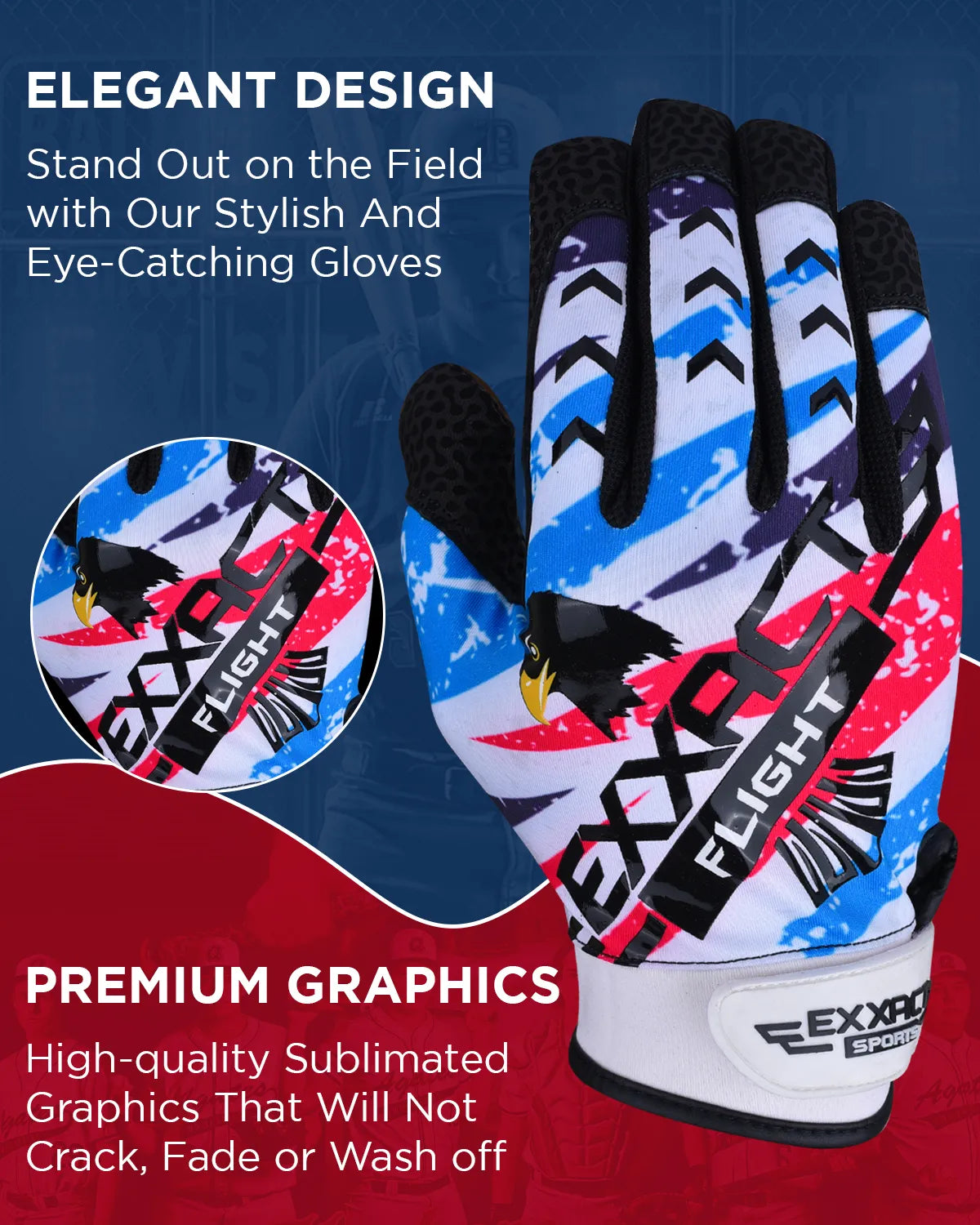 Exxact Sports Flight Baseball Batting Gloves for Youth & Adult - White Printed