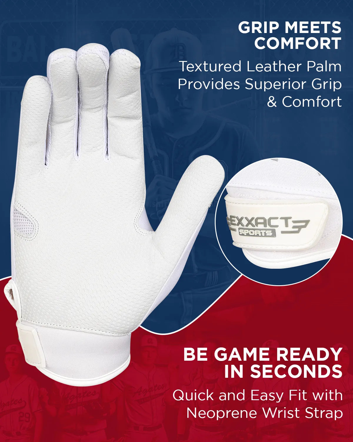 Exxact Sports Flight Baseball Batting Gloves for Youth & Adult - White