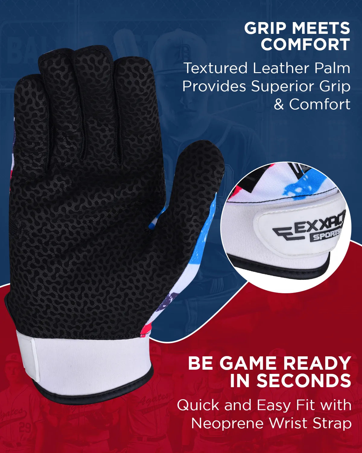 Exxact Sports Flight Baseball Batting Gloves for Youth & Adult - White Printed