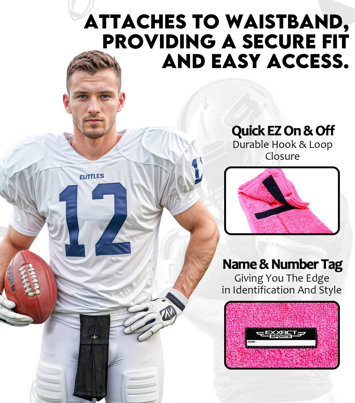 Exxact Sports Football Towel with Hook & Loop Fastener to Clean Hands Visor and Gloves - Pink