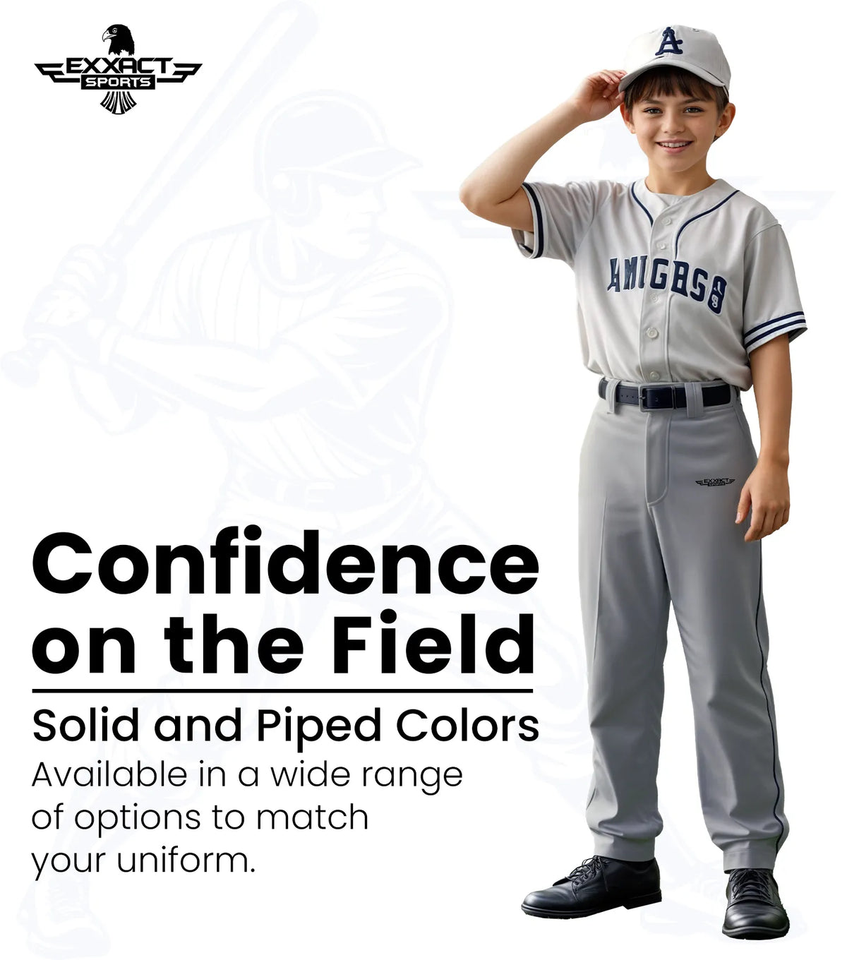 Exxact Sports Homerun Boys Full Length Baseball Pants with Piping - Gray