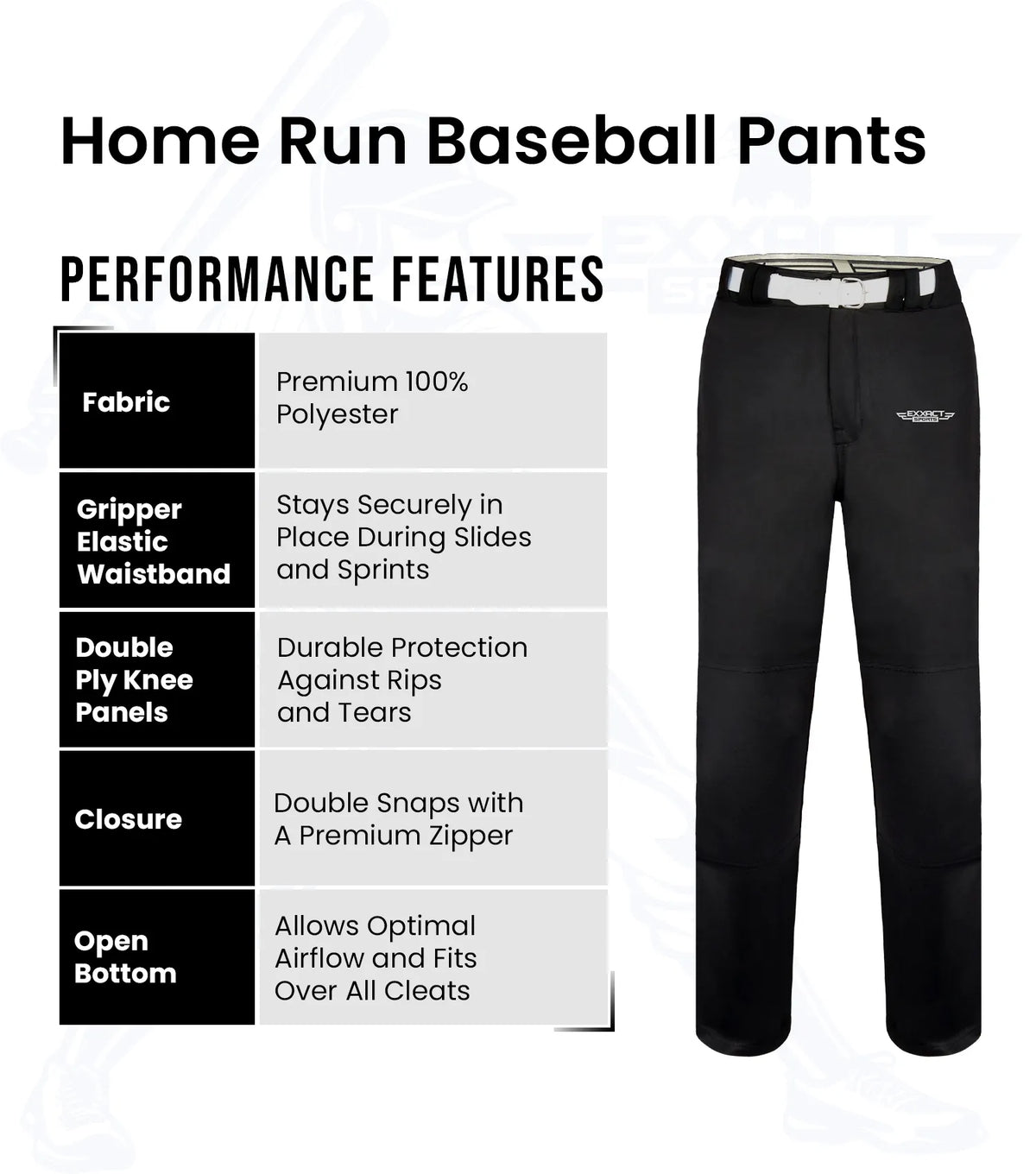 Exxact Sports Homerun Boys Full Length Baseball Pants with Piping - Black