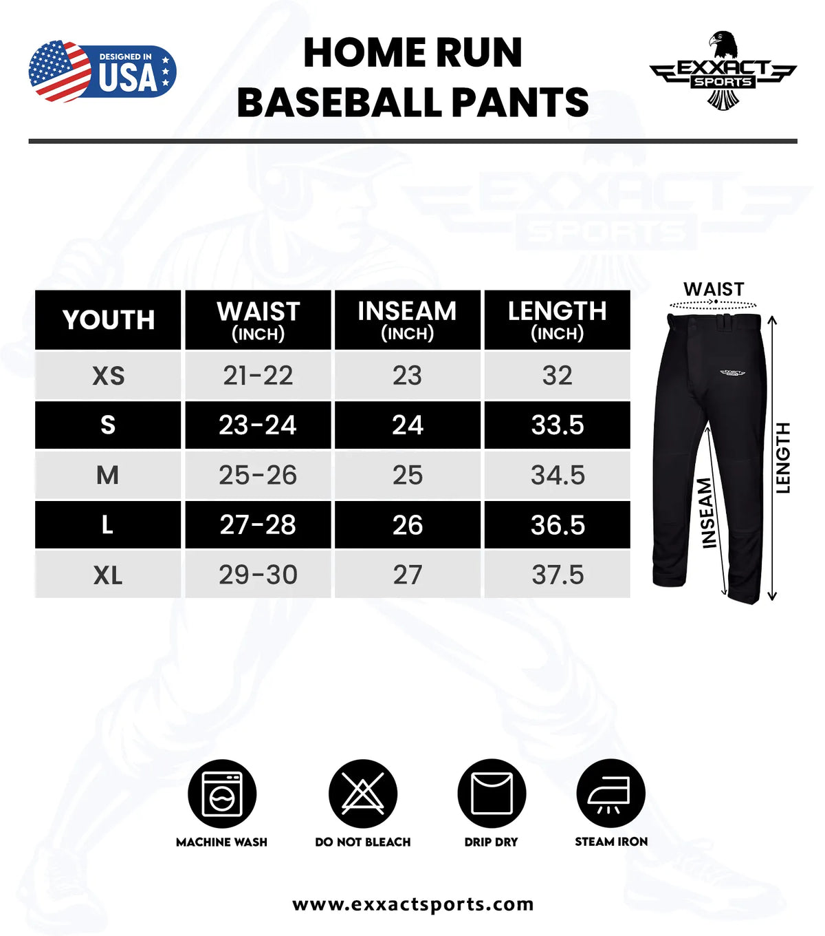 Exxact Sports Homerun Boys Full Length Baseball Pants with Piping - Black