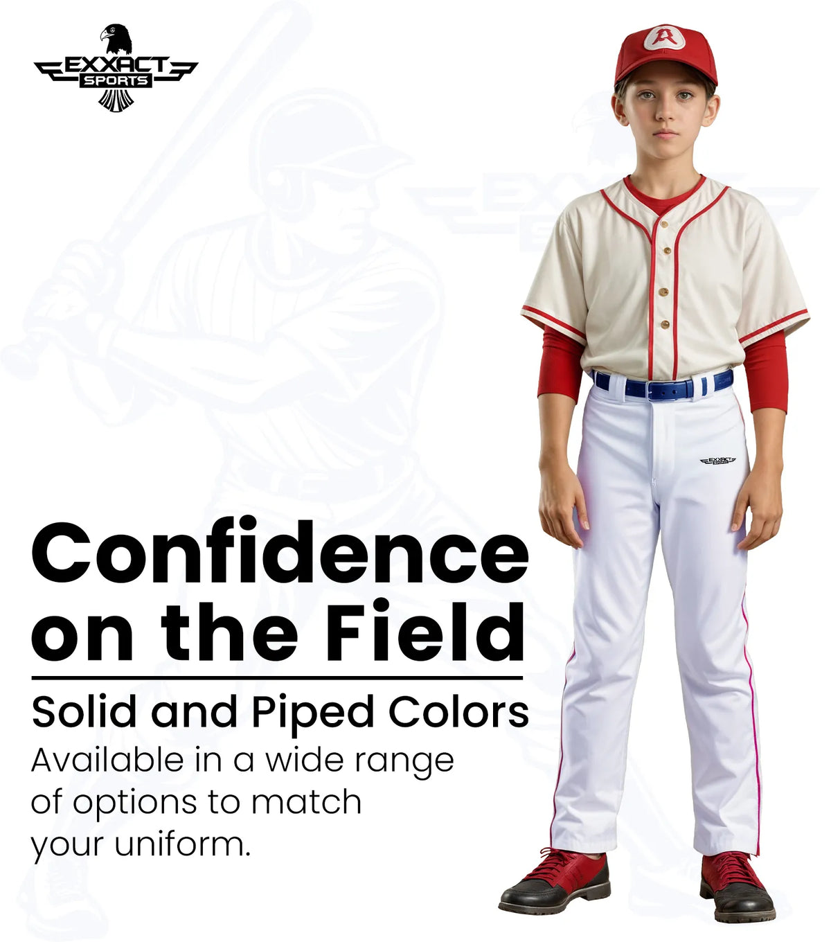 Exxact Sports Homerun Boys Full Length Baseball Pants with Piping - White
