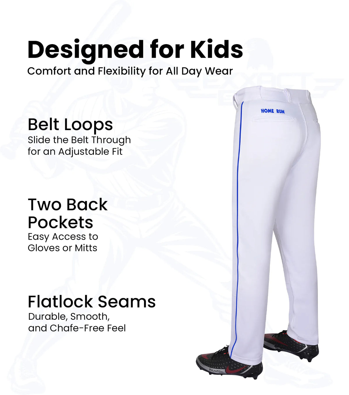 Exxact Sports Homerun Boys Full Length Baseball Pants with Piping - White