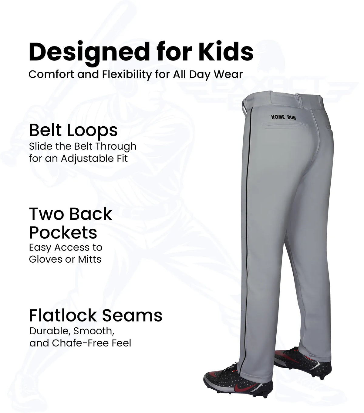 Exxact Sports Homerun Boys Full Length Baseball Pants with Piping - Gray