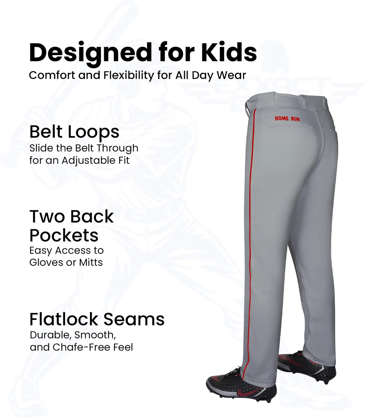Exxact Sports Homerun Boys Full Length Baseball Pants with Piping - Gray