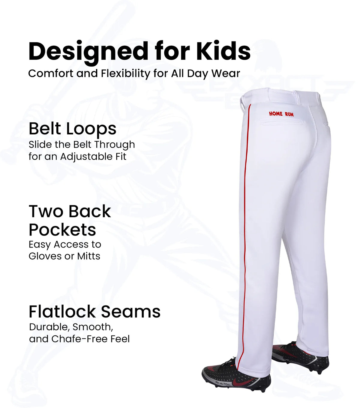 Exxact Sports Homerun Boys Full Length Baseball Pants with Piping - White