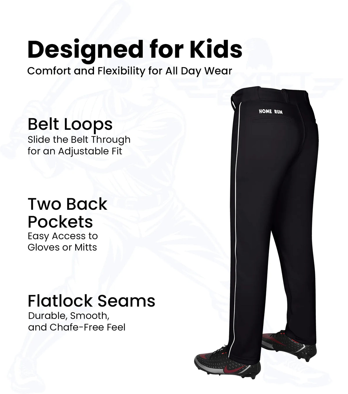 Exxact Sports Homerun Boys Full Length Baseball Pants with Piping - Black