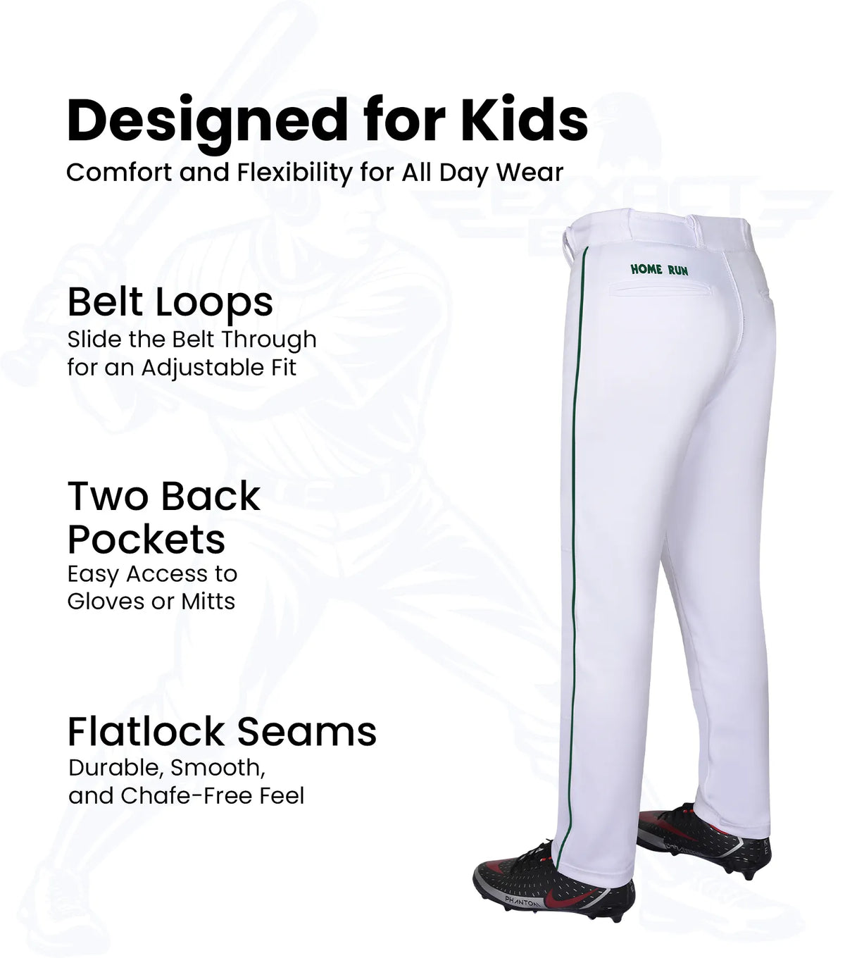 Exxact Sports Homerun Boys Full Length Baseball Pants with Piping - White