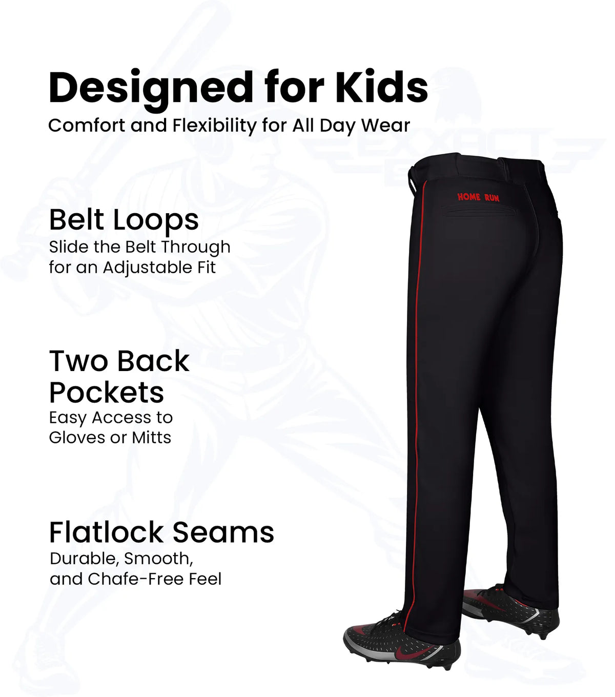 Exxact Sports Homerun Boys Full Length Baseball Pants with Piping - Black