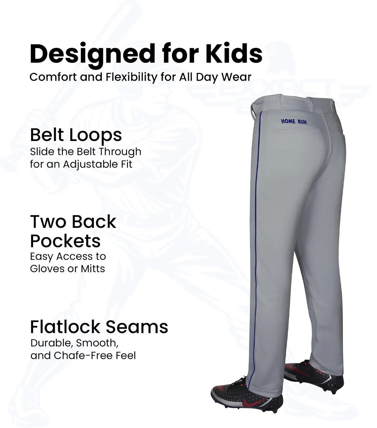 Exxact Sports Homerun Boys Full Length Baseball Pants with Piping - Gray