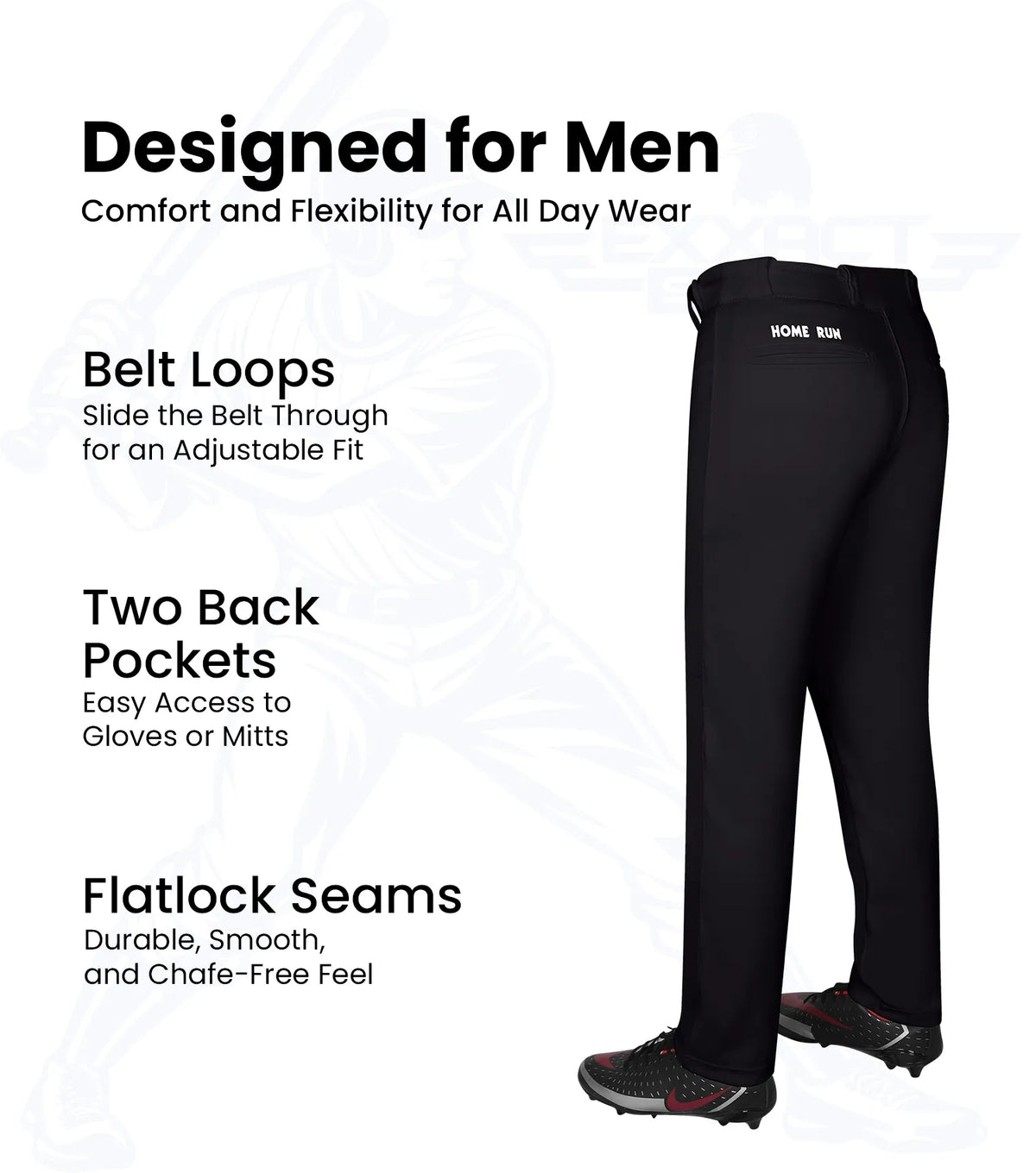 Exxact Sports Homerun Men’s Full Length Baseball Pants Without Piping - Black