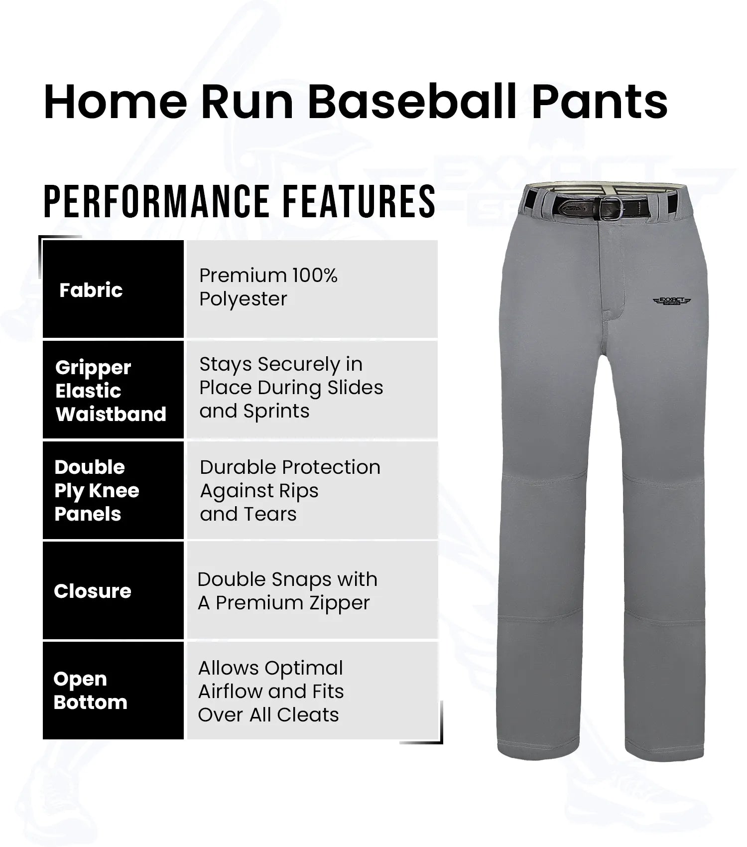 Exxact Sports Homerun Men’s Full Length Baseball Pants Without Piping - Gray