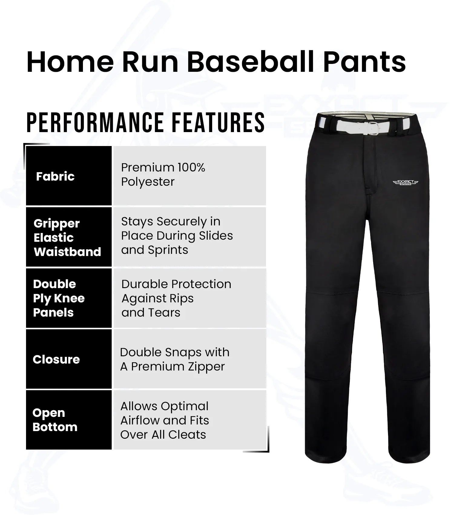 Exxact Sports Homerun Men’s Full Length Baseball Pants Without Piping - Black
