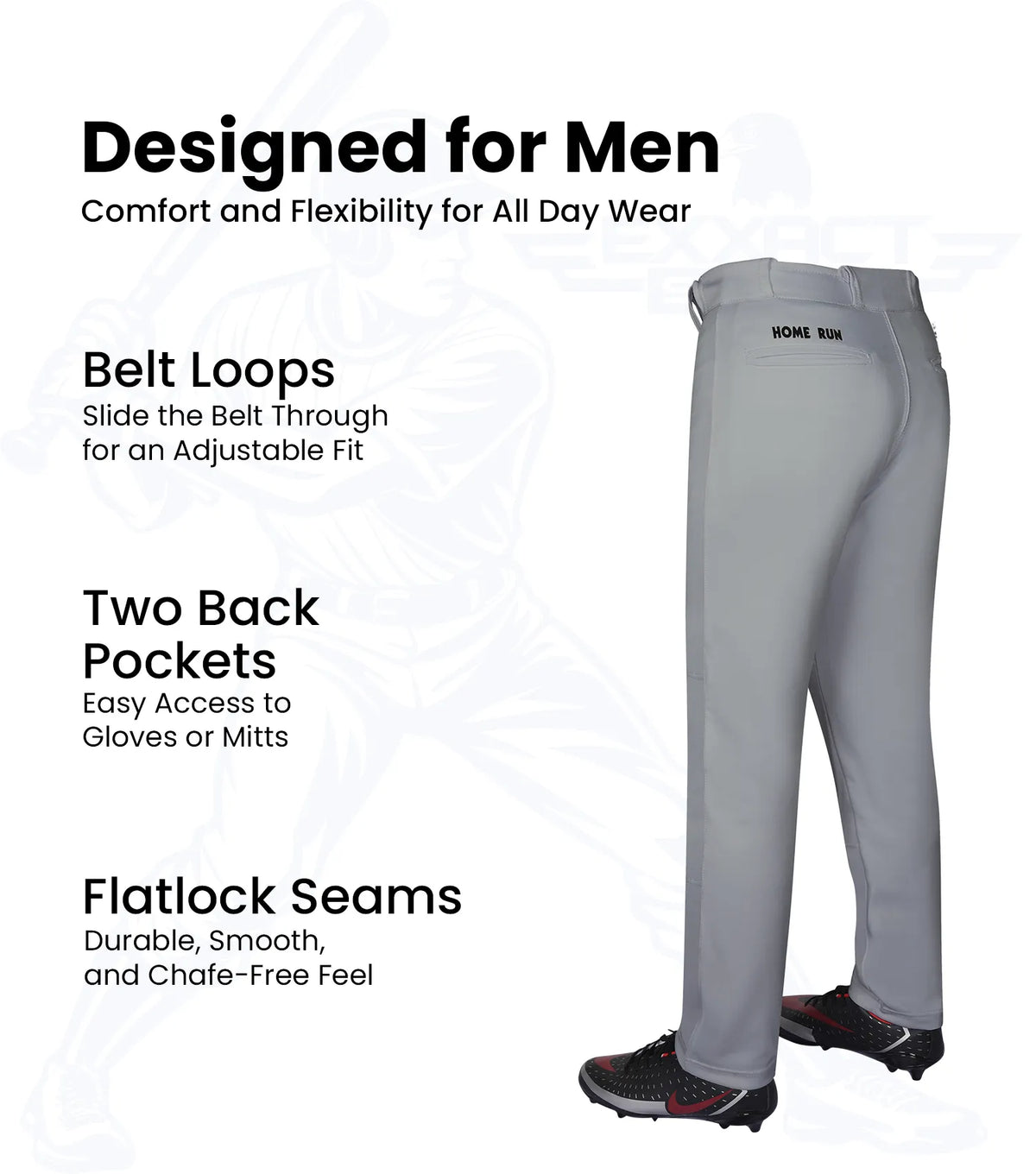 Exxact Sports Homerun Men’s Full Length Baseball Pants Without Piping - Gray