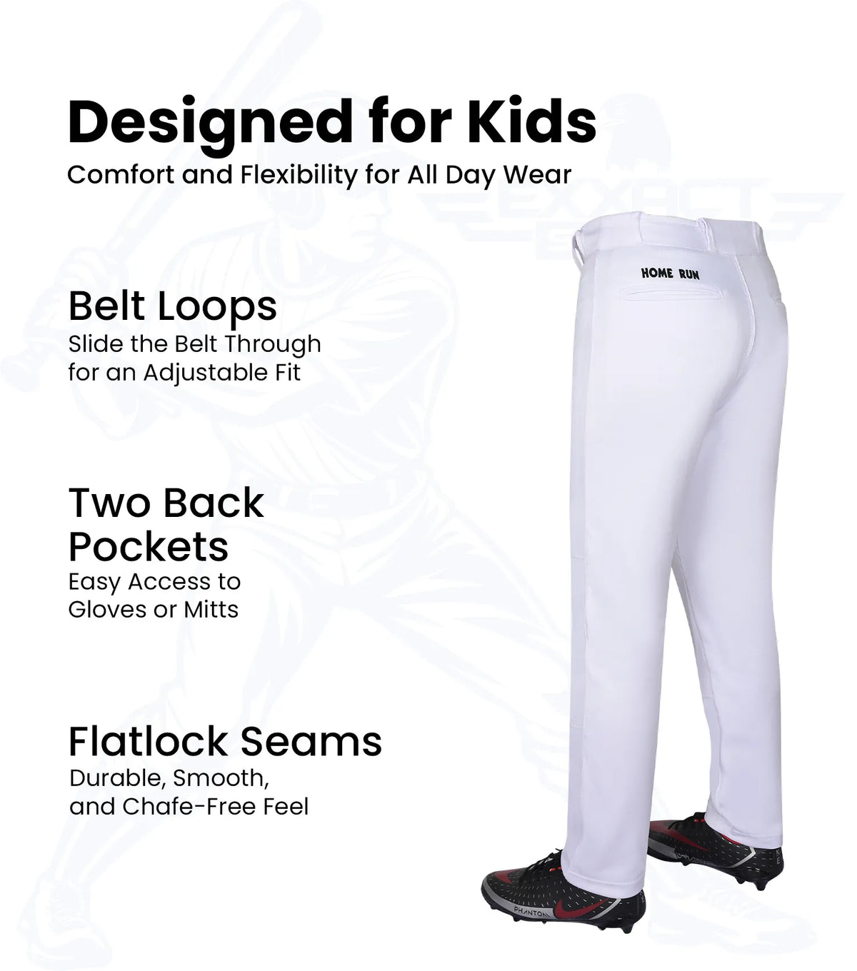 Exxact Sports Homerun Youth Full Length Baseball Pants Without Piping - White