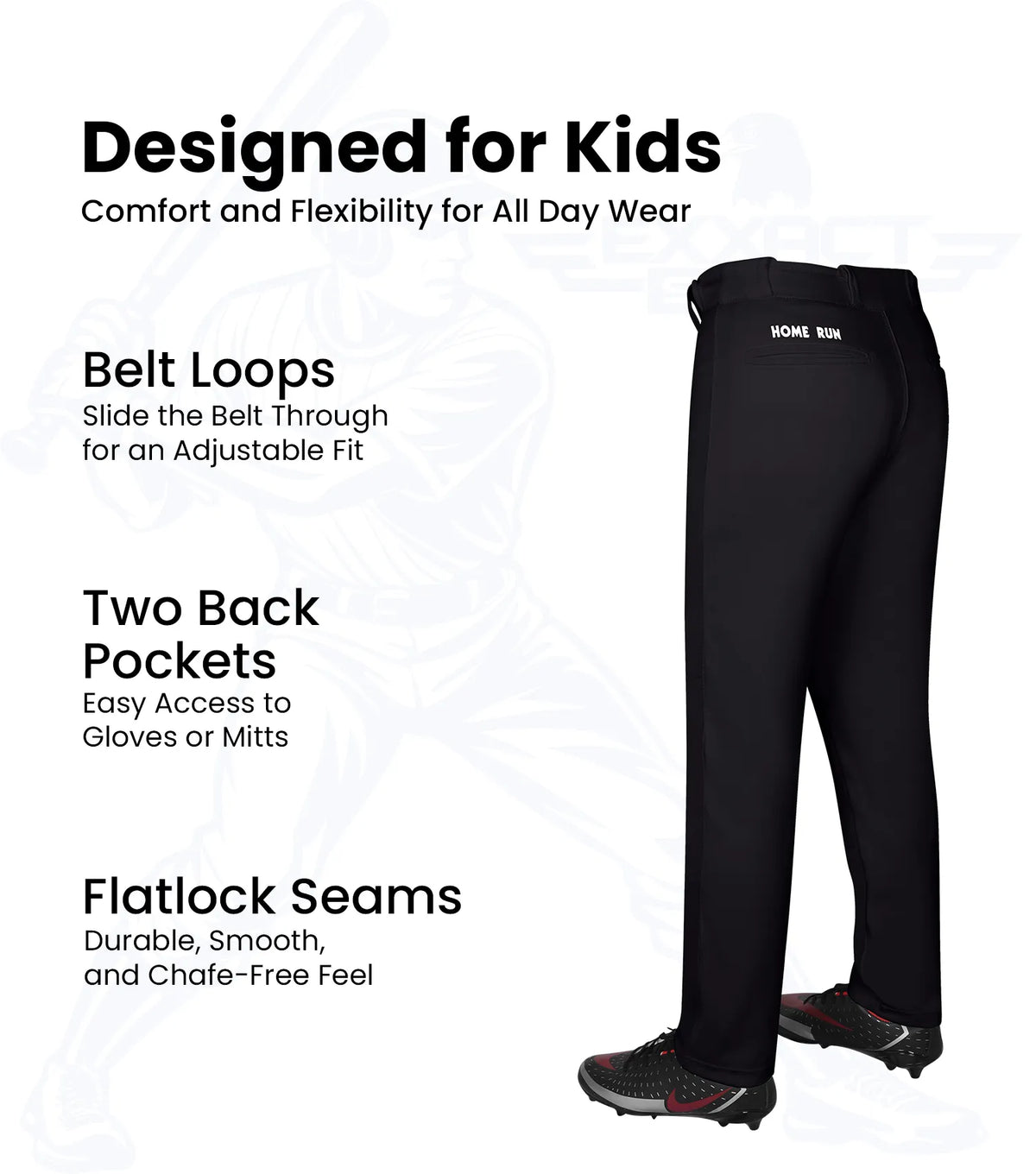 Exxact Sports Homerun Youth Full Length Baseball Pants Without Piping - Black