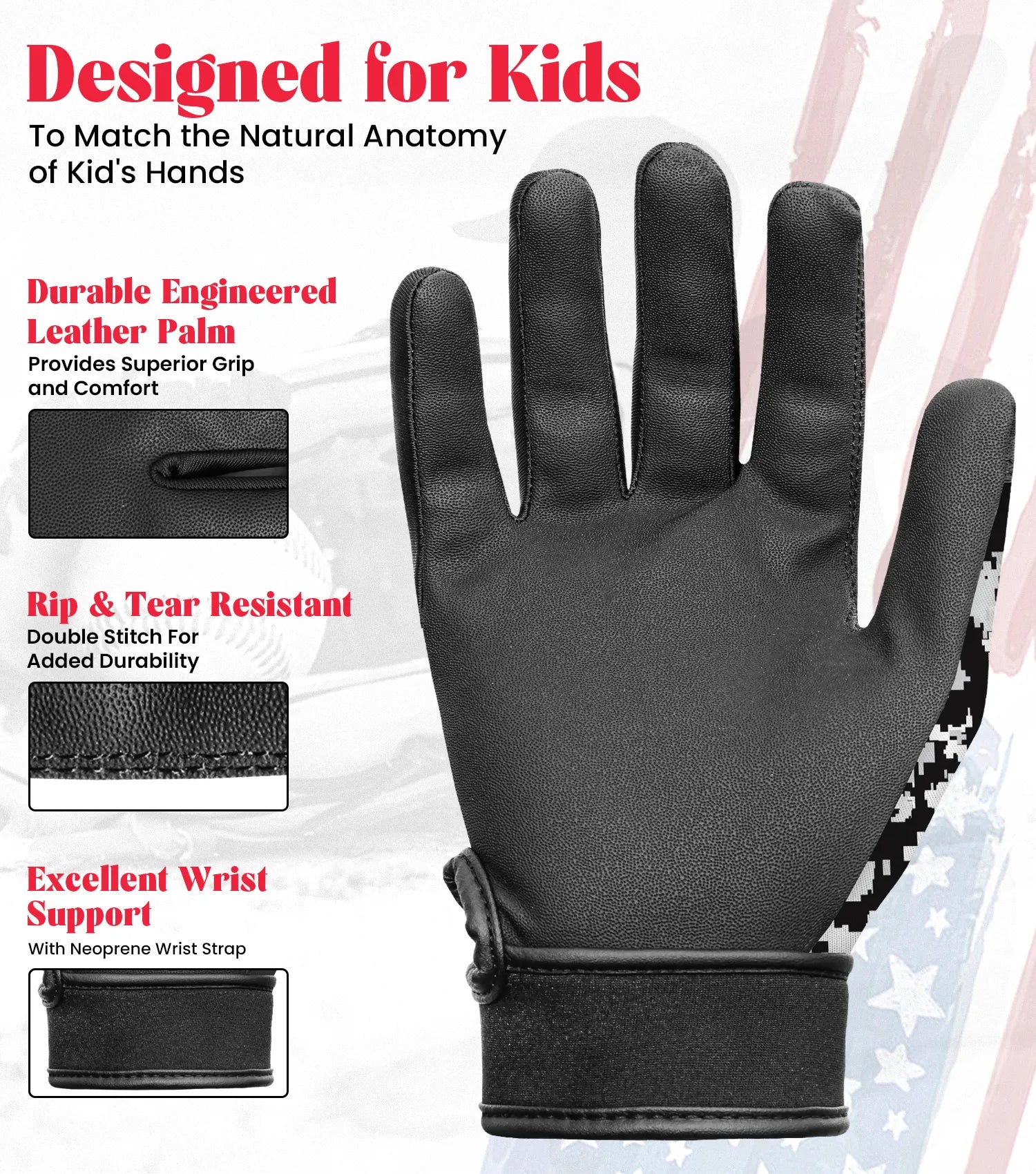 Exxact Sports Kids Baseball Batting Gloves with Arm Sleeve - Black White Camo