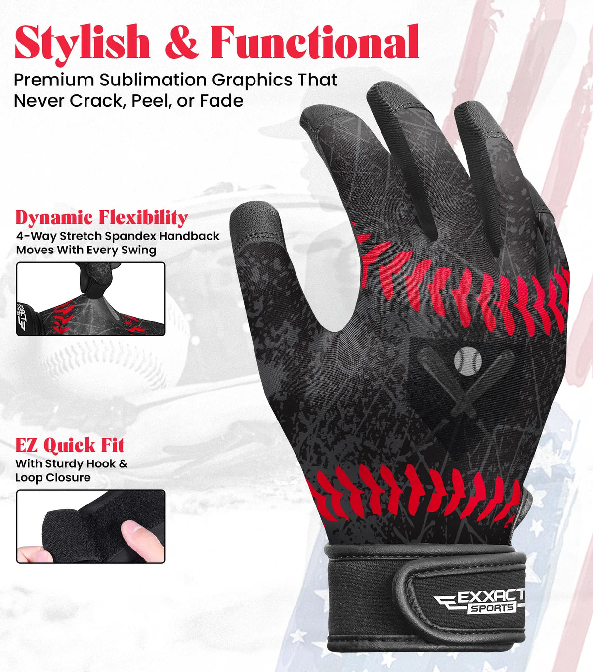Exxact Sports Kids Baseball Batting Gloves with Arm Sleeve - Black