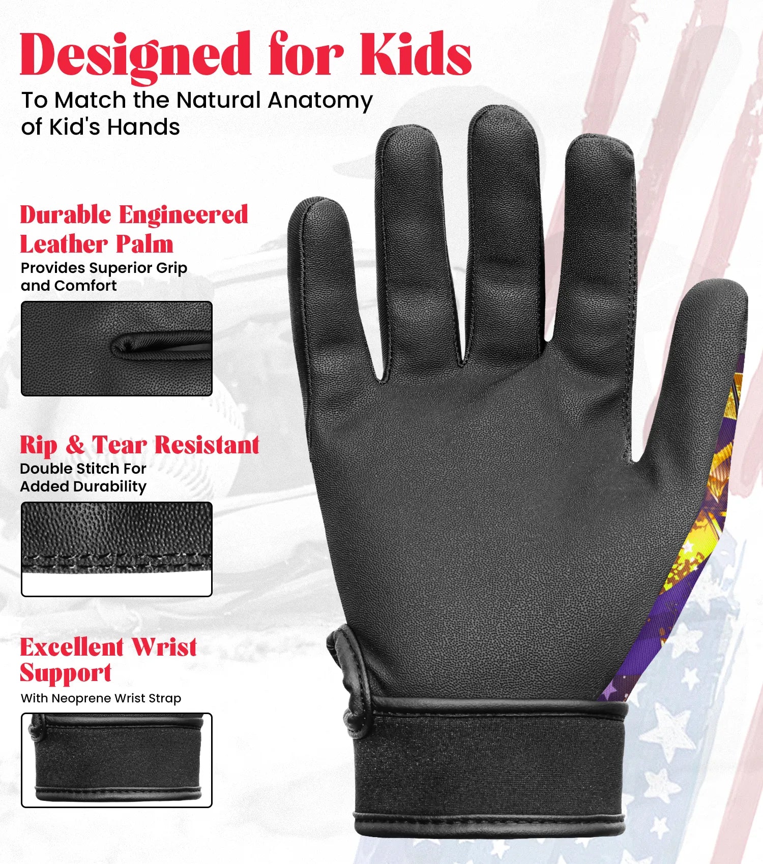 Exxact Sports Kids Baseball Batting Gloves with Arm Sleeve - Purple Gold Stars