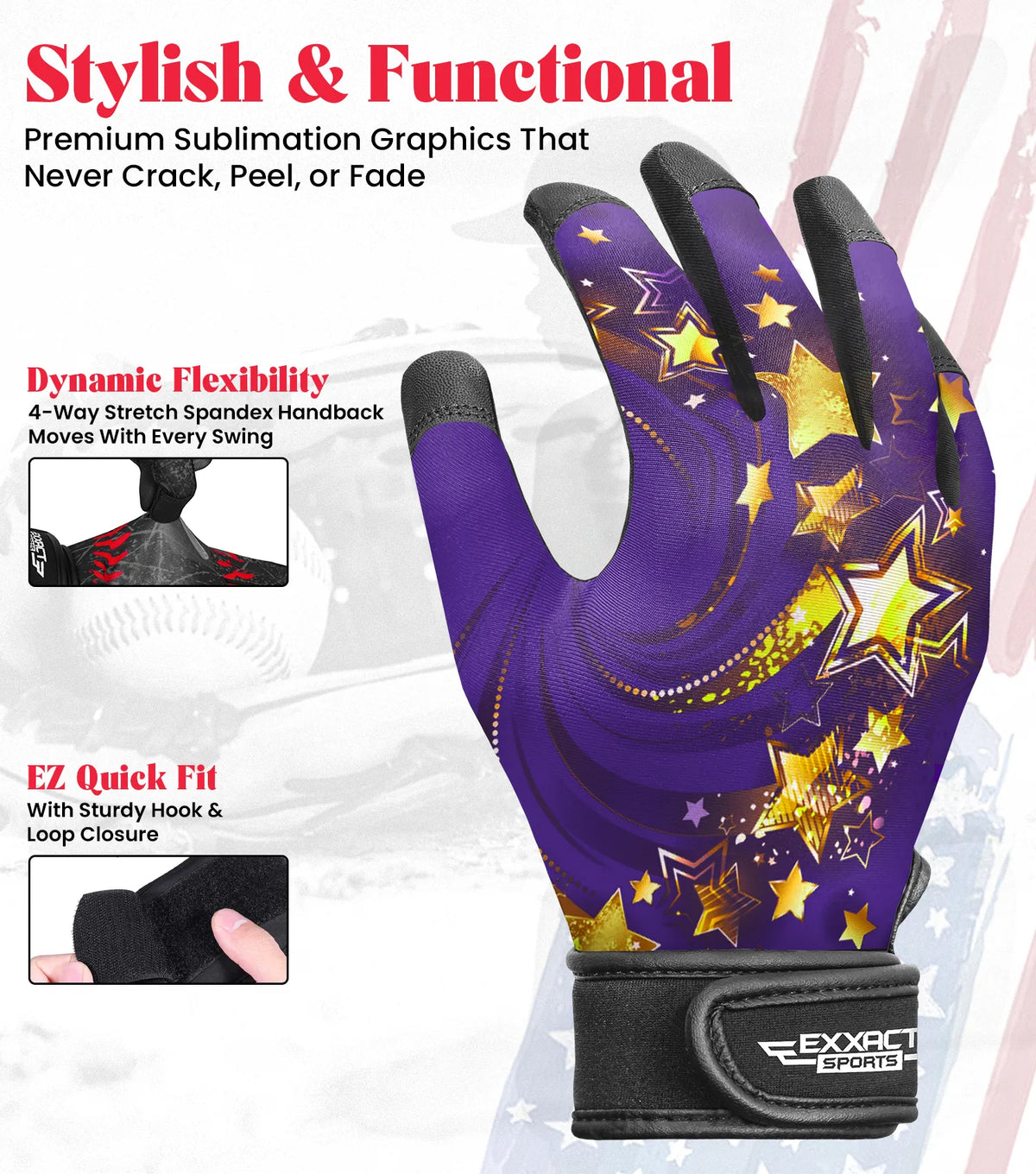 Exxact Sports Kids Baseball Batting Gloves with Arm Sleeve - Purple Gold Stars