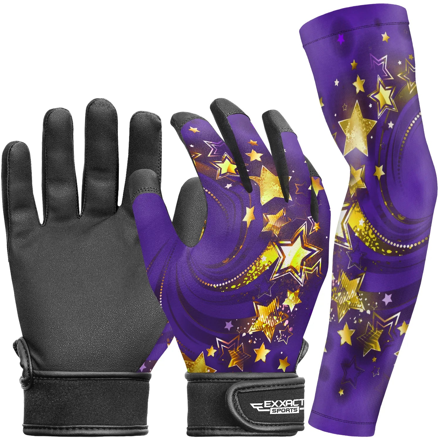 Exxact Sports Kids Baseball Batting Gloves with Arm Sleeve - Purple Gold Stars