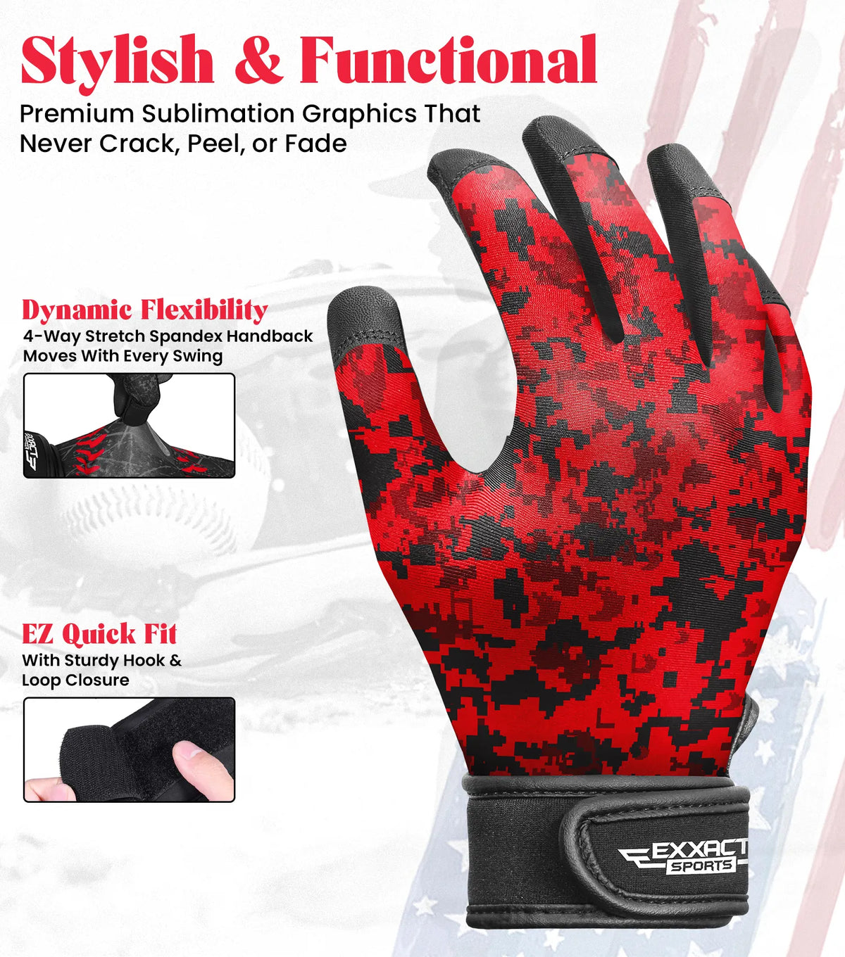 Exxact Sports Kids Baseball Batting Gloves with Arm Sleeve - Red Camo