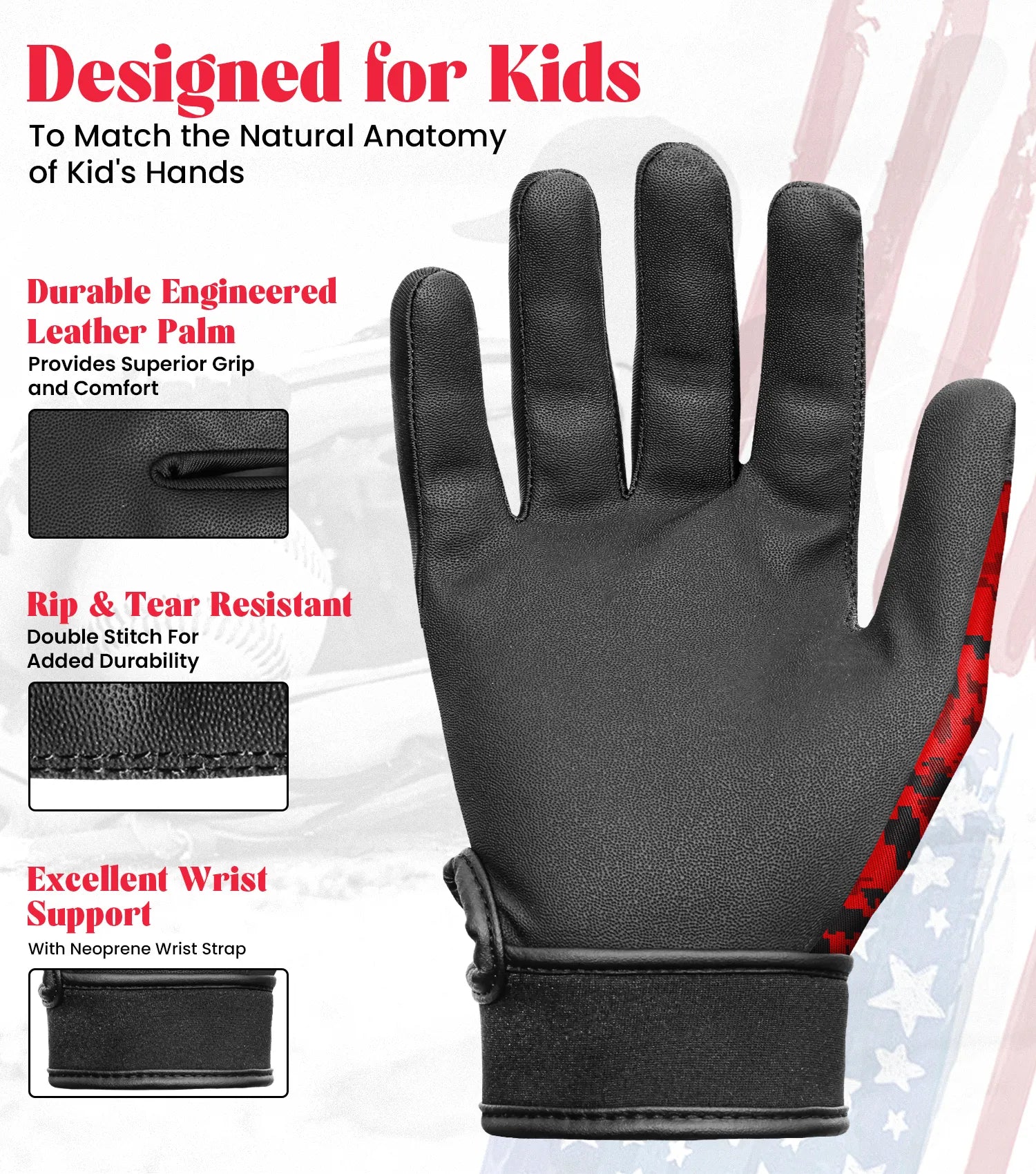 Exxact Sports Kids Baseball Batting Gloves with Arm Sleeve - Red Camo