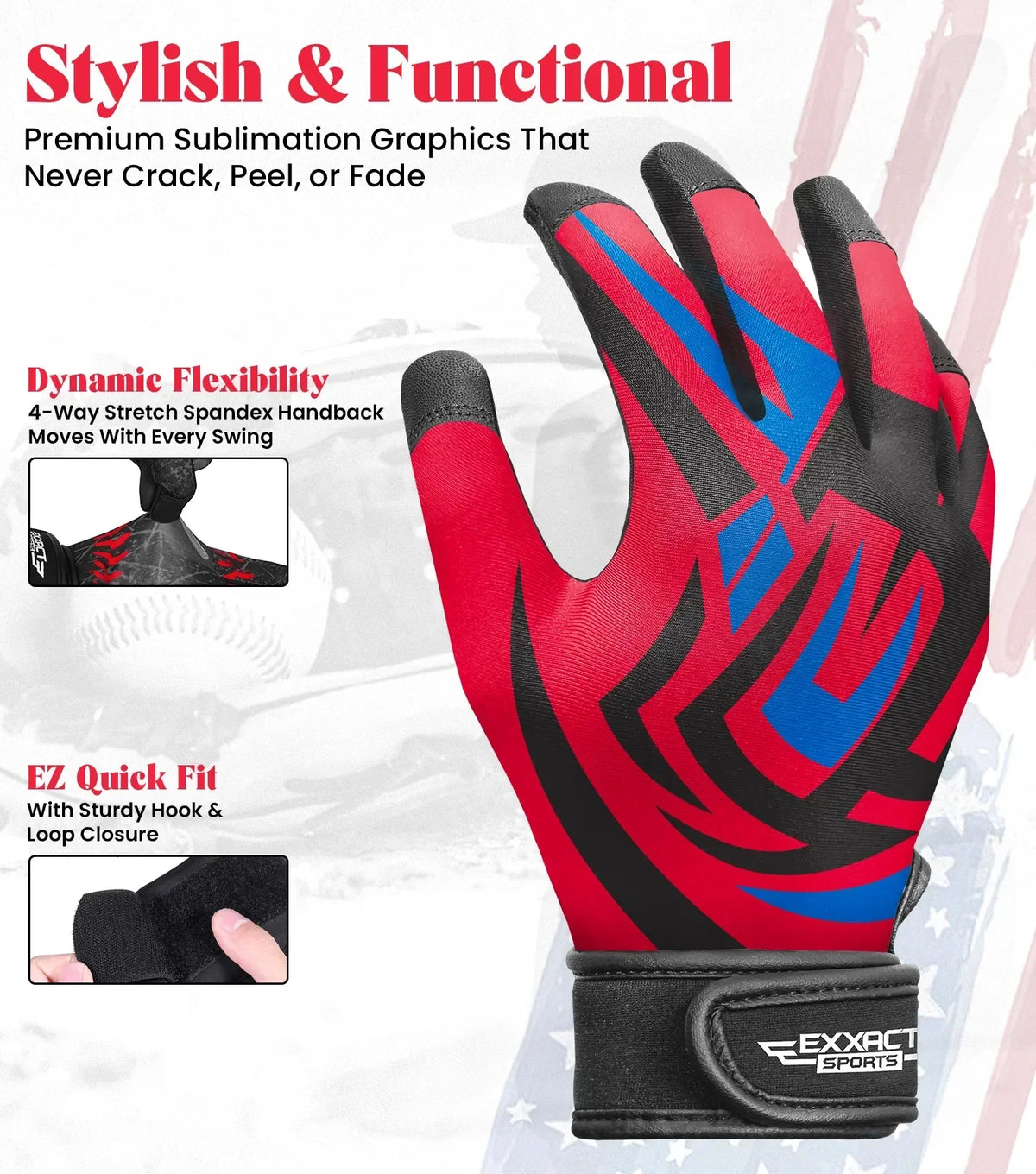 Exxact Sports Kids Baseball Batting Gloves with Arm Sleeve - Red Tattoo