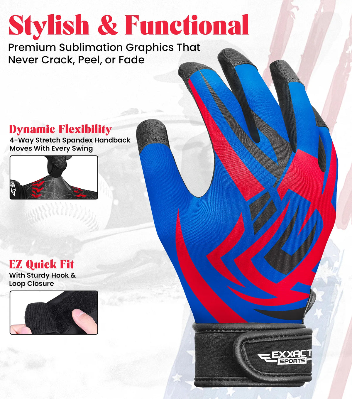 Exxact Sports Kids Baseball Batting Gloves with Arm Sleeve - Royal Blue Tattoo