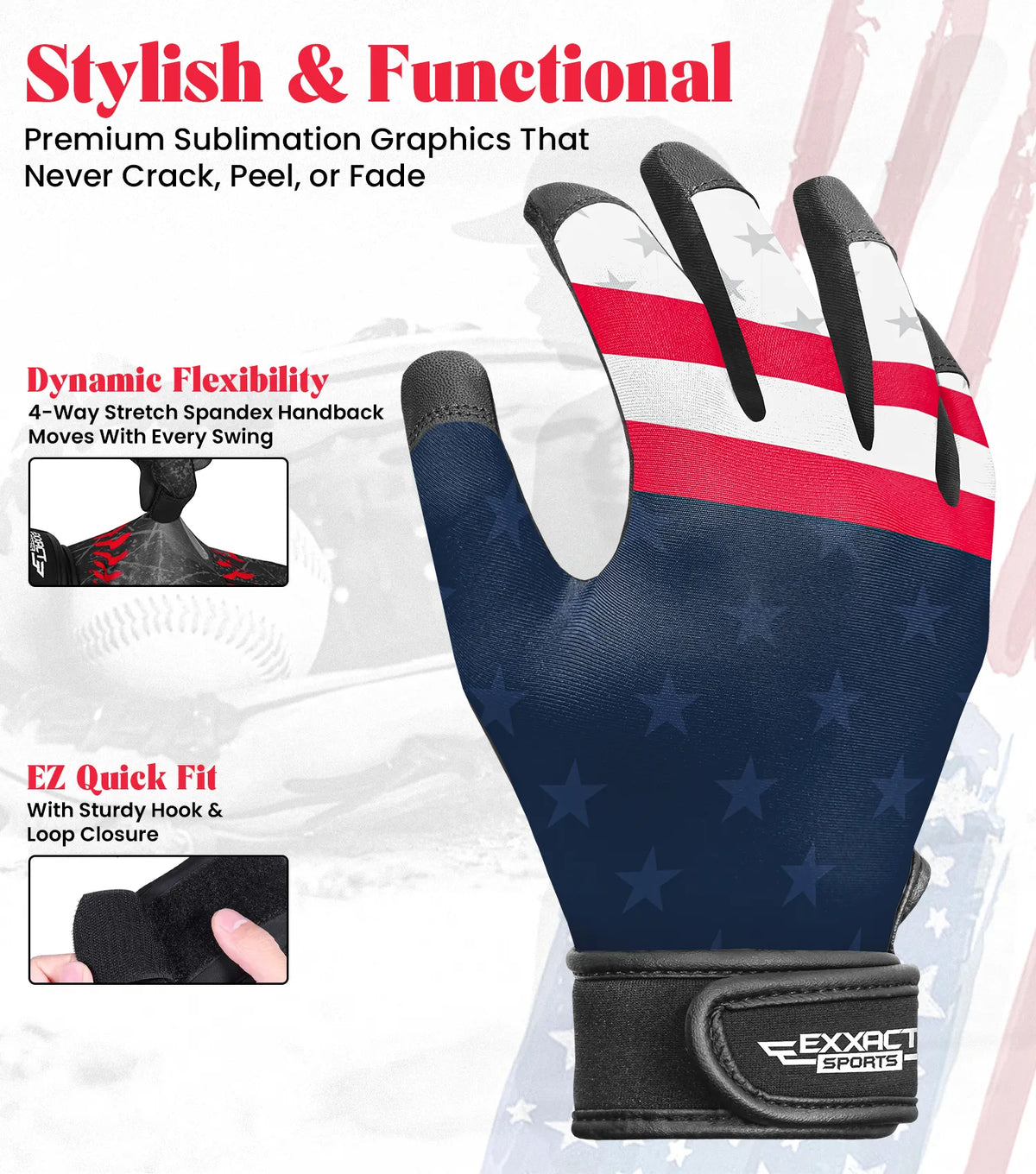 Exxact Sports Kids Baseball Batting Gloves with Arm Sleeve - Usa Flag