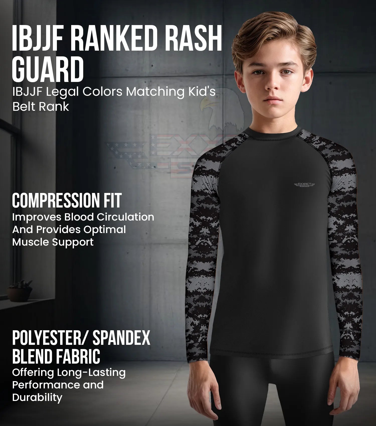 Exxact Sports Kids Bjj Rash Guard Long Sleeve - Black Camo