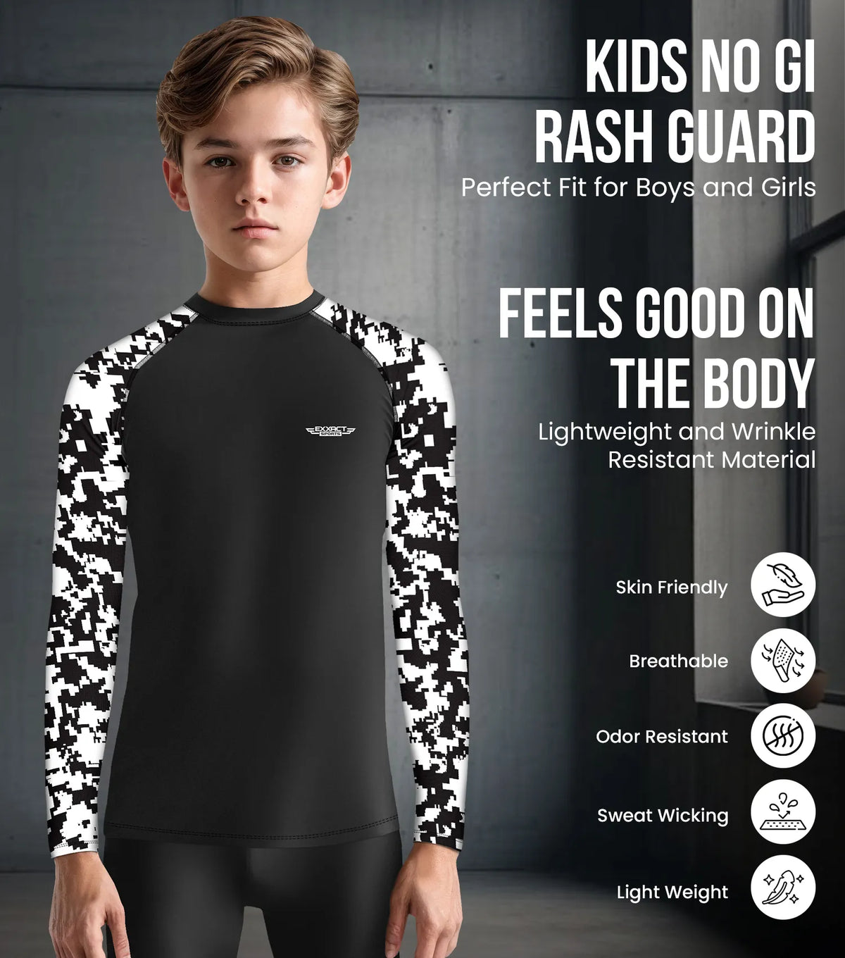 Exxact Sports Kids Bjj Rash Guard Long Sleeve - Black White Camo