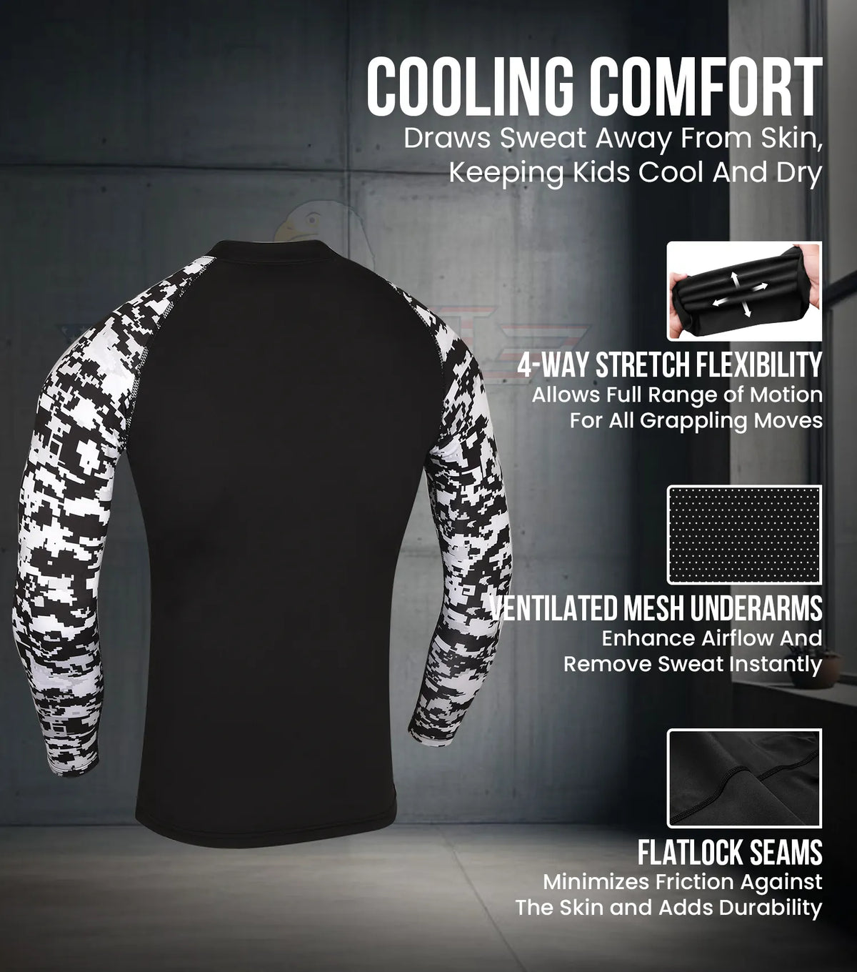 Exxact Sports Kids Bjj Rash Guard Long Sleeve - Black White Camo
