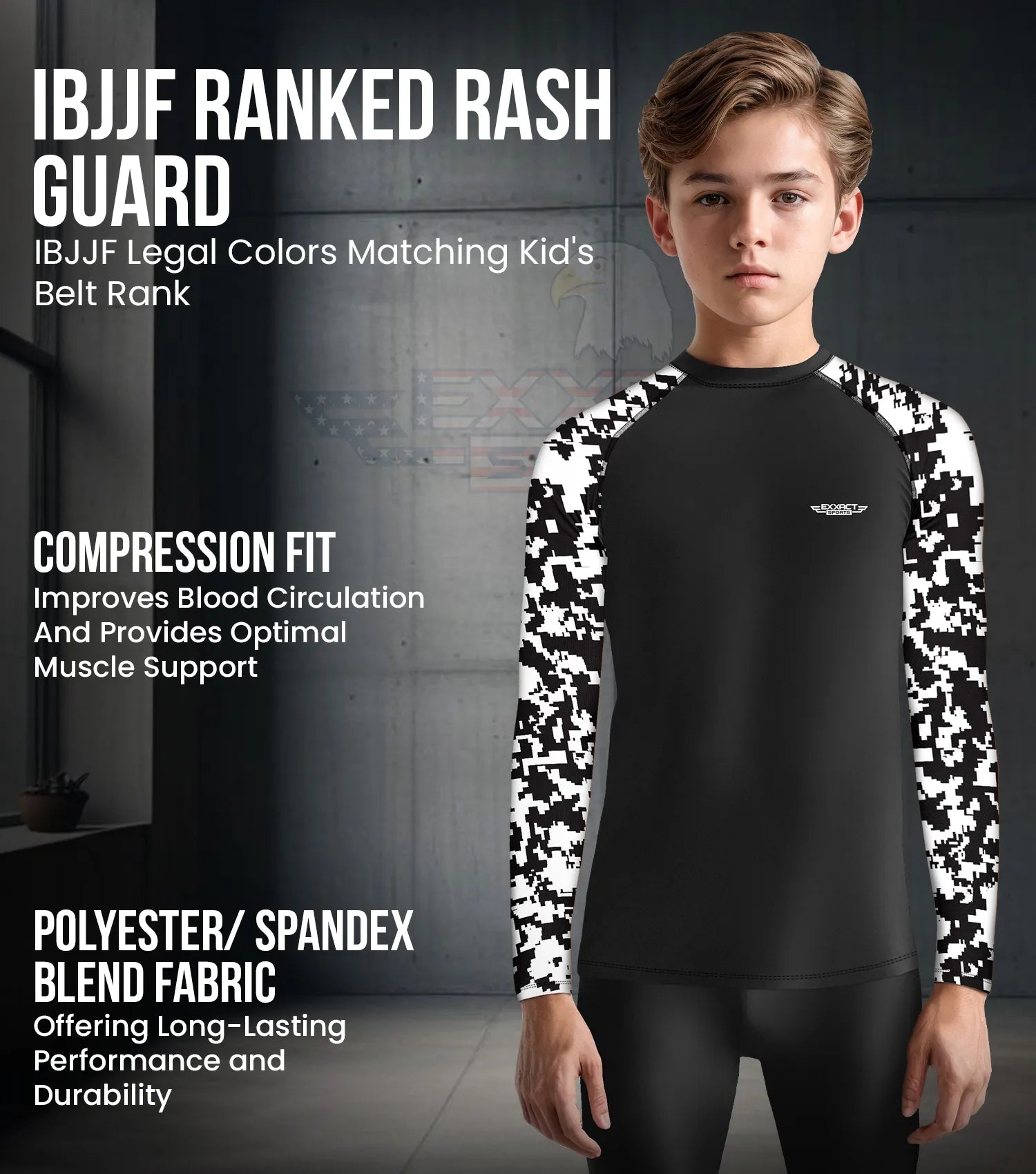 Exxact Sports Kids Bjj Rash Guard Long Sleeve - Black White Camo