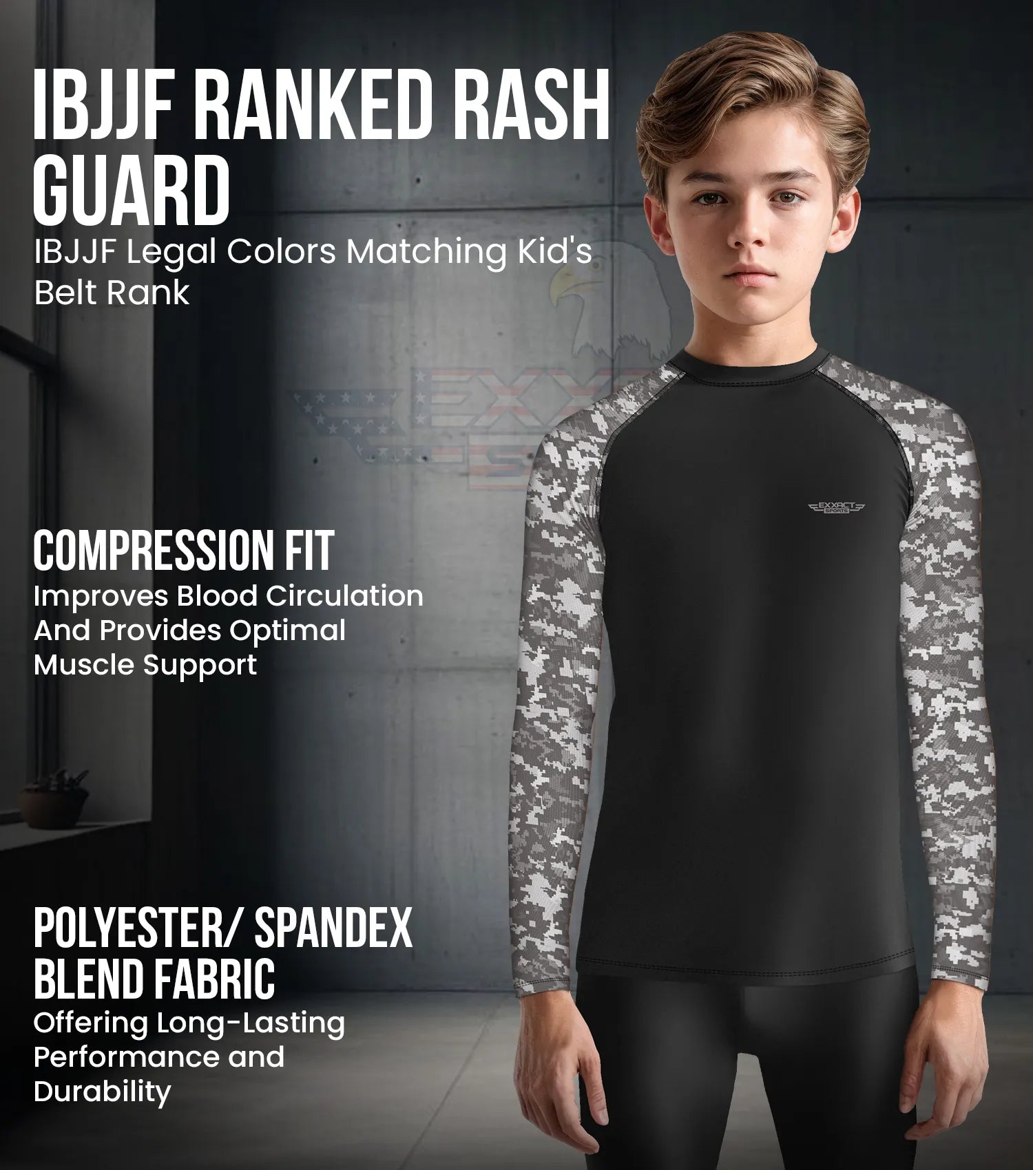Exxact Sports Kids Bjj Rash Guard Long Sleeve - Gray Camo
