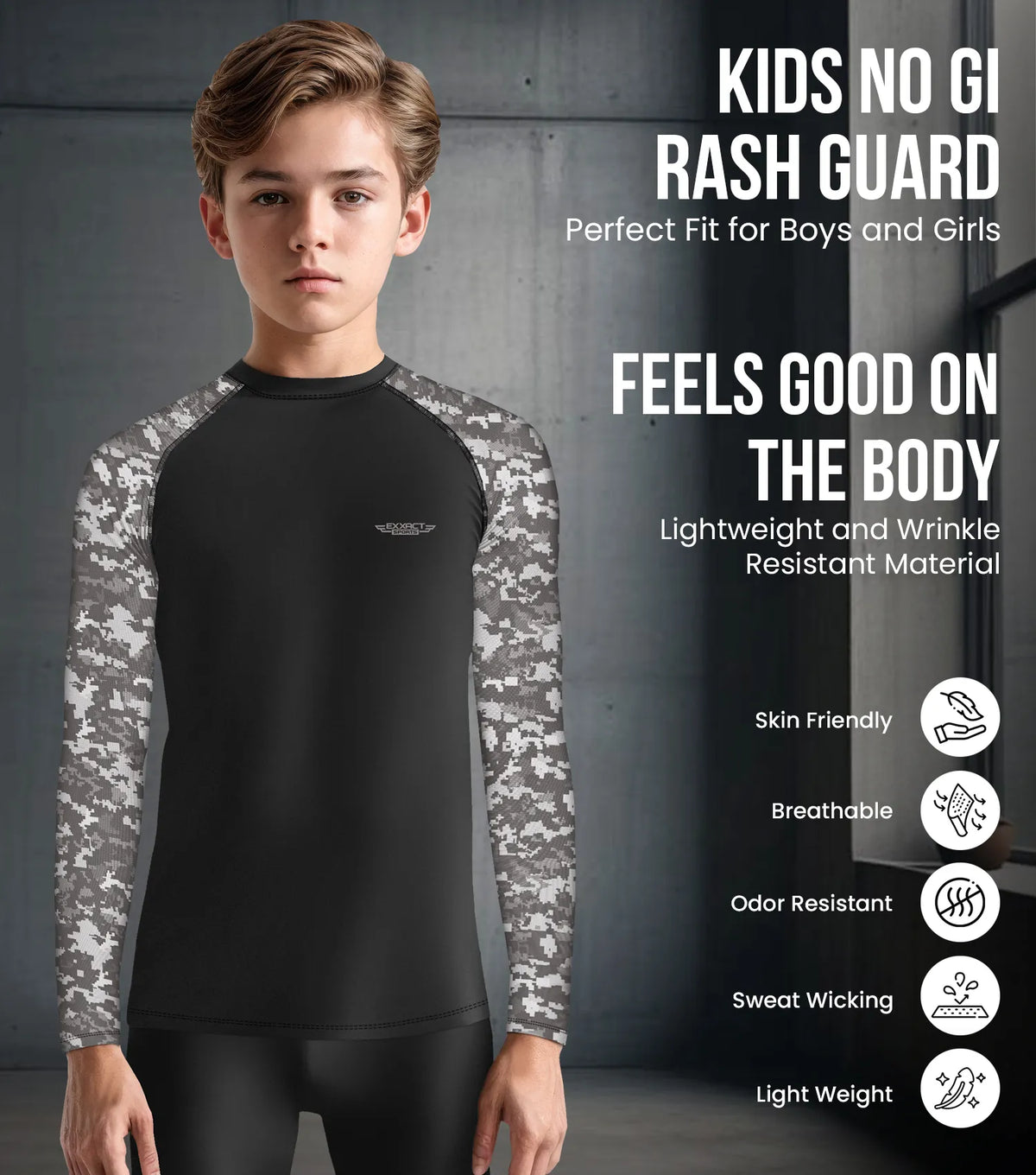 Exxact Sports Kids Bjj Rash Guard Long Sleeve - Gray Camo