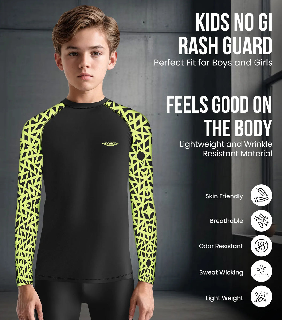 Exxact Sports Kids Bjj Rash Guard Long Sleeve - Neon Green